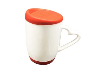 11oz Heart Handle Color Mug w Silicon Lid & Base-Red