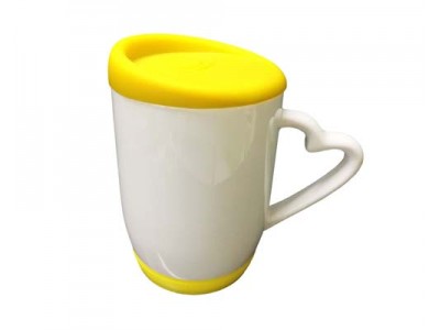 11oz Heart Handle Mug w Silicon Lid & Base-Yellow