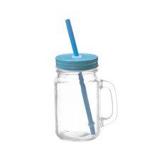 Mason Jar w Color Lid & Straw-Light Blue