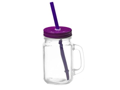 Mason Jar w Color Lid & Straw-Purple