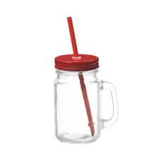 Mason Jar w Color Lid & Straw-Red