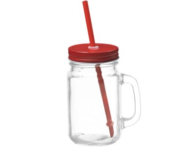 Mason Jar w Color Lid & Straw-Red