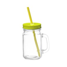 Mason Jar w Color Lid & Straw-Yellow