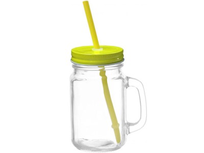 Mason Jar w Color Lid & Straw-Yellow