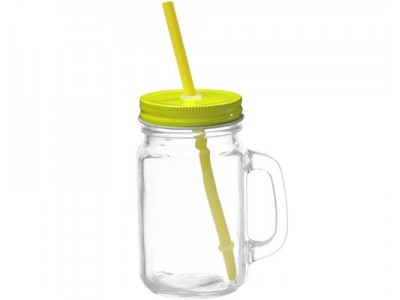 Mason Jar w Color Lid & Straw-Yellow