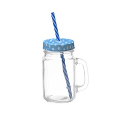 Mason Jar w Polka Dot Lid & Straw-Light Blue