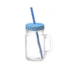 Mason Jar w Polka Dot Lid & Straw-Light Blue