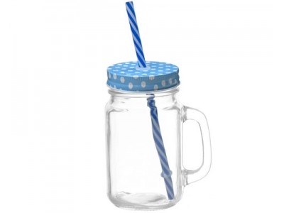 Mason Jar w Polka Dot Lid & Straw-Light Blue