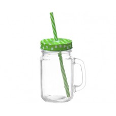 Mason Jar w Polka Dot Lid & Straw-Light Green