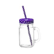 Mason Jar w Polka Dot Lid & Straw-Purple