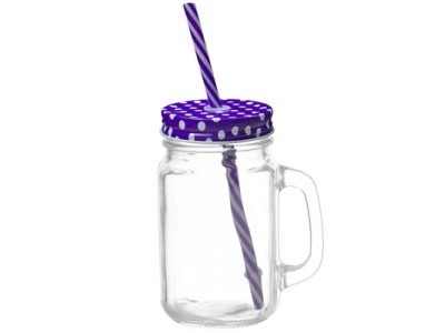 Mason Jar w Polka Dot Lid & Straw-Purple
