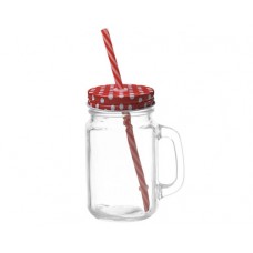 Mason Jar w Polka Dot Lid & Straw-Red