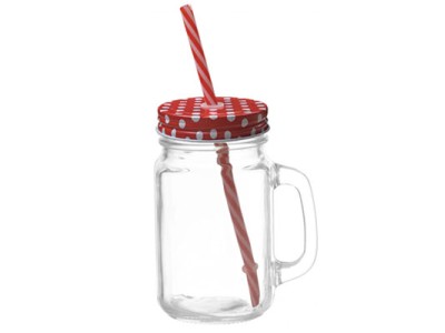 Mason Jar w Polka Dot Lid & Straw-Red