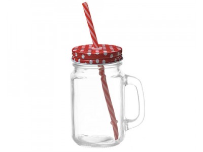 Mason Jar w Polka Dot Lid & Straw-Red