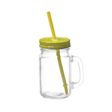 Mason Jar w Polka Dot Lid & Straw-Yellow