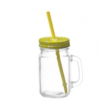 Mason Jar w Polka Dot Lid & Straw-Yellow