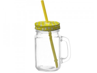 Mason Jar w Polka Dot Lid & Straw-Yellow