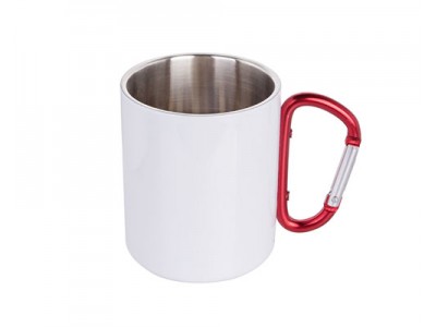 300ml Stainless Steel Mug w/ Red Carabiner Handle(White)